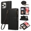 For iPhone 15 Pro Case Multi Card Slots Zipper Leather Phone Cover with Shoulder Strap/Wrist Strap