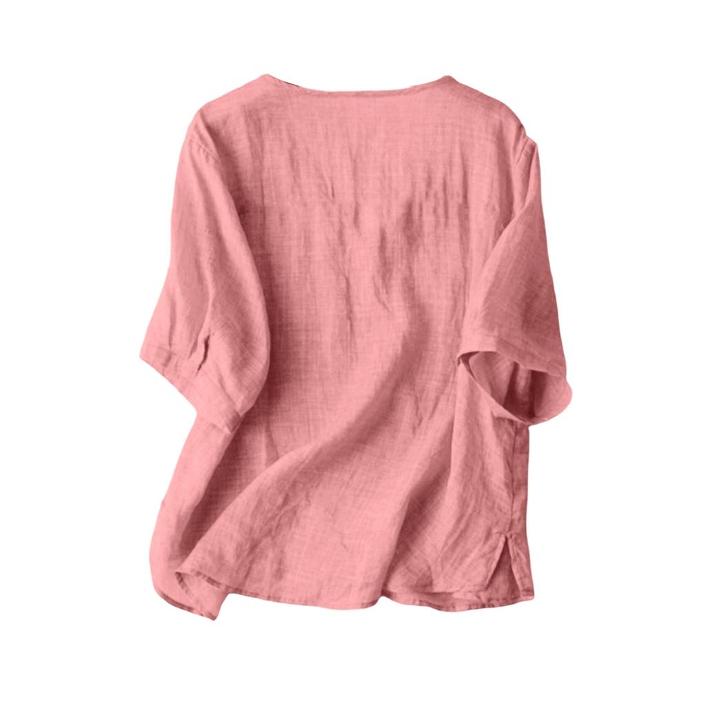Women's Casual Comfortable V-Neck Asymmetric Cotton-Linen Blend Short-Sleeve Shirt T-Shirt Top
