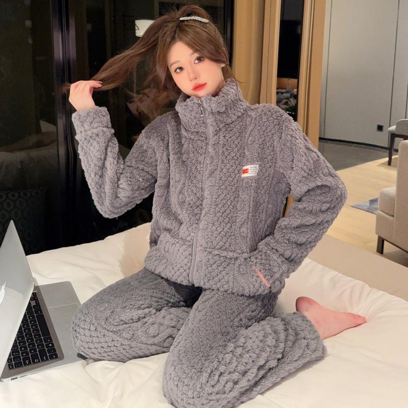 

Женская пижама из длинноворсового жаккарда - на молнии, однотонная, с длинными рукавами, кардиган из кораллового флиса (Подходит для веса до 230 фунтов). XL