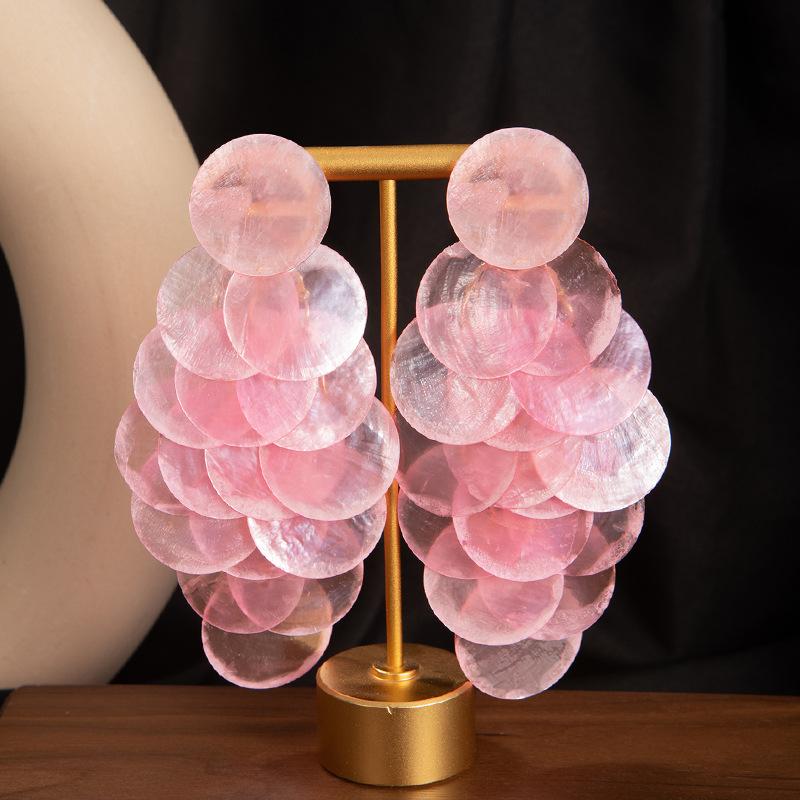 Flower Temperament Fringed Earrings Round Shell Fringed Leisure Vacation Style Earrings Atmospheric Light Luxury High-End Earrings