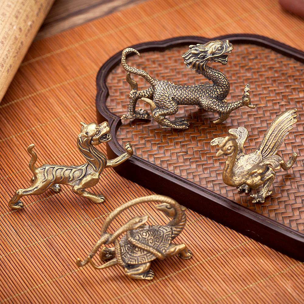 Four Mythical Beasts Brass Decor: Azure Dragon, White Tiger, Vermilion Bird, Black Tortoise - Chinese Style for Study, Living Room, or Office