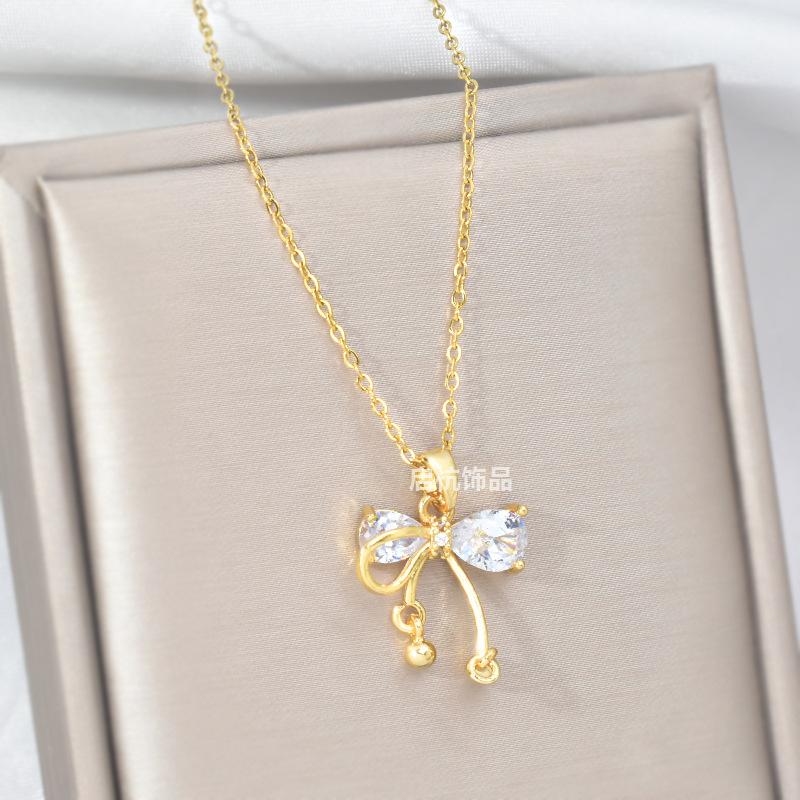 Bow Necklace Women'S Light Luxury High Sense Cold Wind Diamond-Encrusted Small Bell Pendant With Jewelry