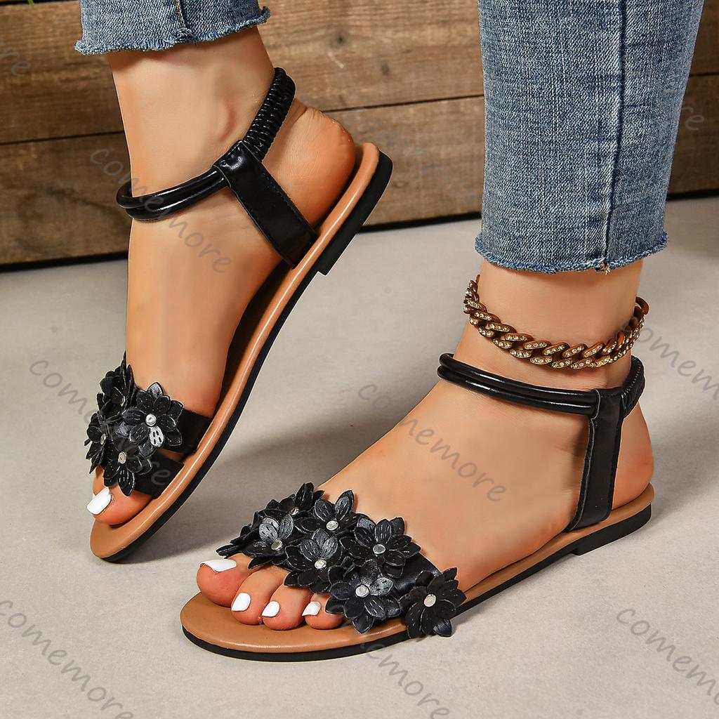 Fashion Comemore Bohemian Sandals Summer New Roman Flat Bottom Flowers Women Casual Shoes Large Size Slip On Beach Sandalias Femininas