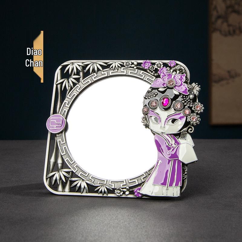 Retro Chinese Peking Opera Character Face Paint Metal Pocket Mirror – Handheld & Desktop Dual-use.