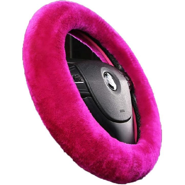Fluffy Wool Sheepskin Fuzzy Black Car Steering Wheel Cover For Universal Auto Steering Wheel 14 1/2-15 1/2Inch, Anti-Slip, Soft Plush, Comforting And