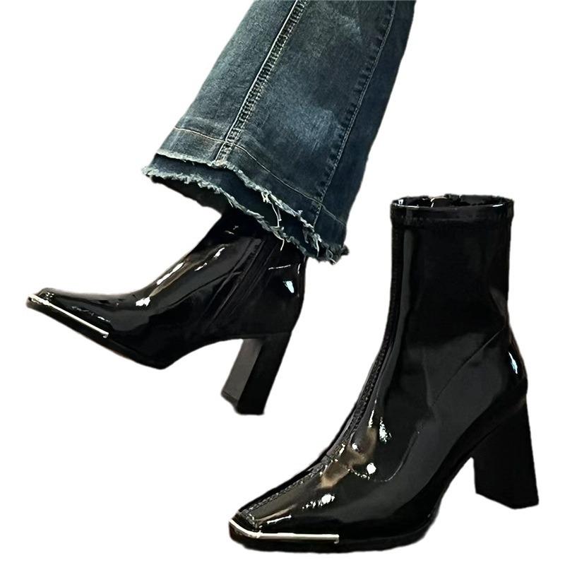 New square head patent leather high-heeled short boots casual versatile retro trend non-slip cigarette tube thin knight boots