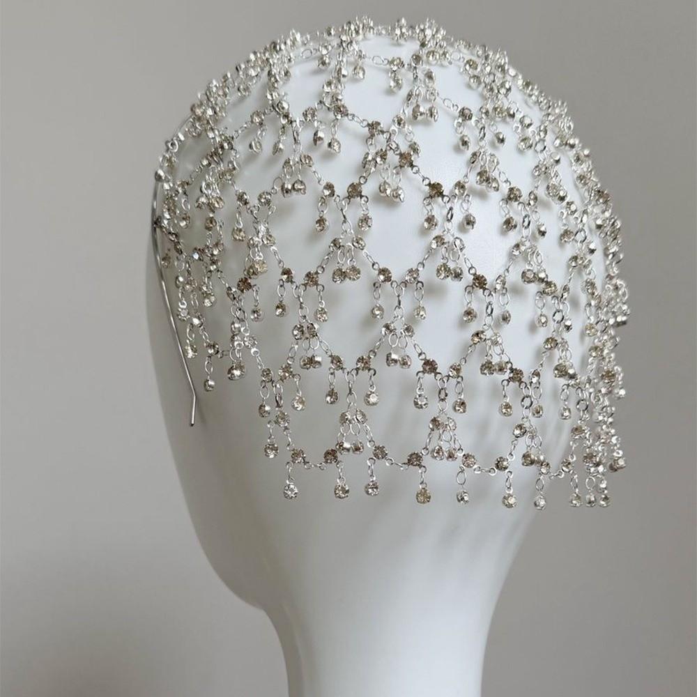 Net Shape Grid Rhinestone Hair Band Bride Tiaras Cap Head Chain Pearl Princess Hair Band  for Gift