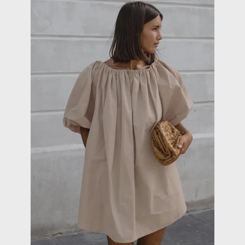 Elegant Khaki Off-Shoulder Puff Sleeve Dress - 2024 Spring/Summer Fashion Short Skirt