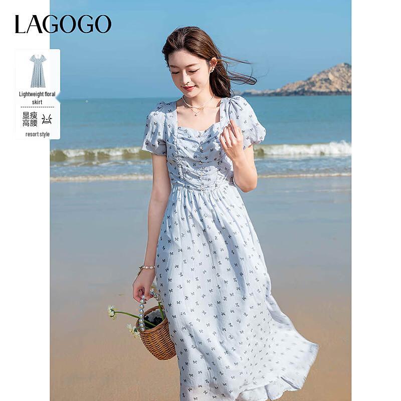 LAGOGO 2025 New Square Neck Bowknot Print A-line Dress OALL303G93 S