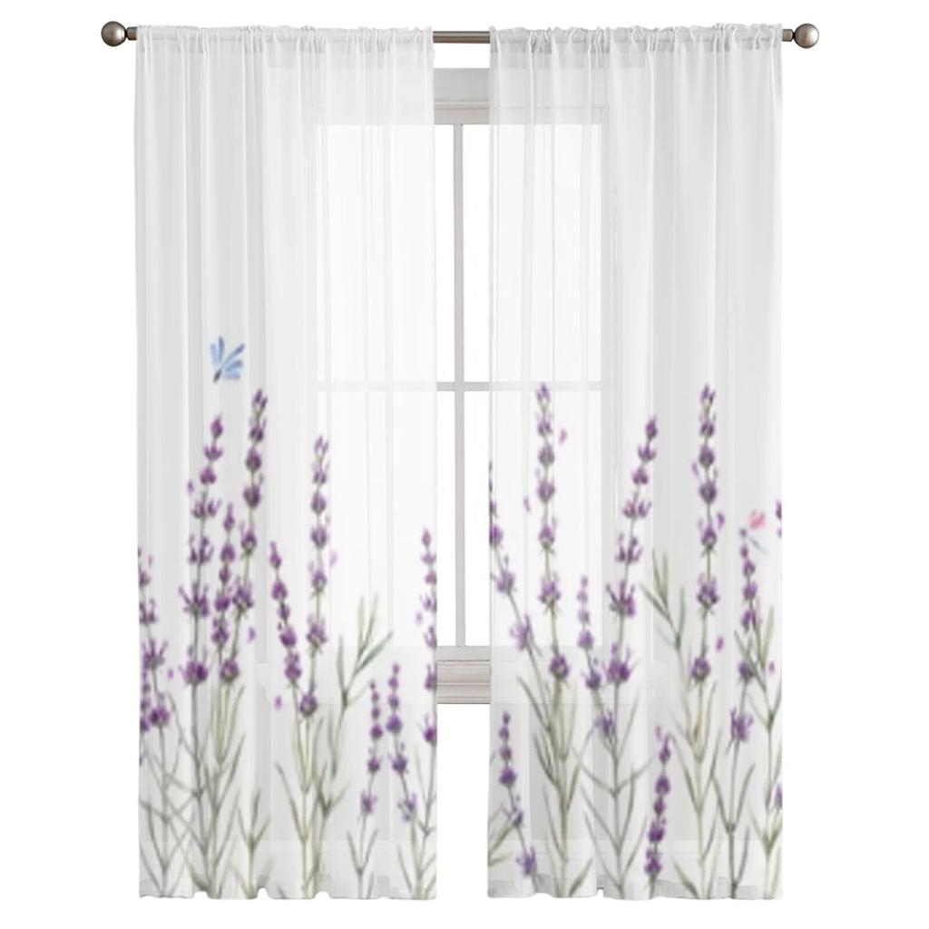 Watercolor Gentle Lavander Flowers Tulle Window Curtain For Living Room Bedroom Voile Sheer Curtains Kitchen Treatments Drapes