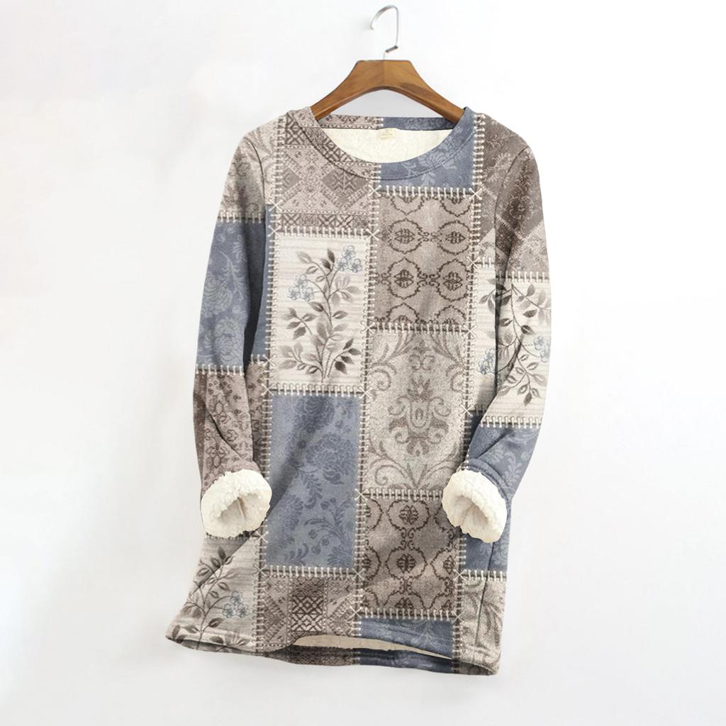 Dámský top s kulatým výstřihem s potiskem, zahuštěný plyšový kašmírový hřejivý dlouhý top