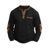 Herren Waffelstrick Henley Langarmshirt Kontrast Leder aufgesetzte Tasche Ellbogenflicken Lässiges Oberteil