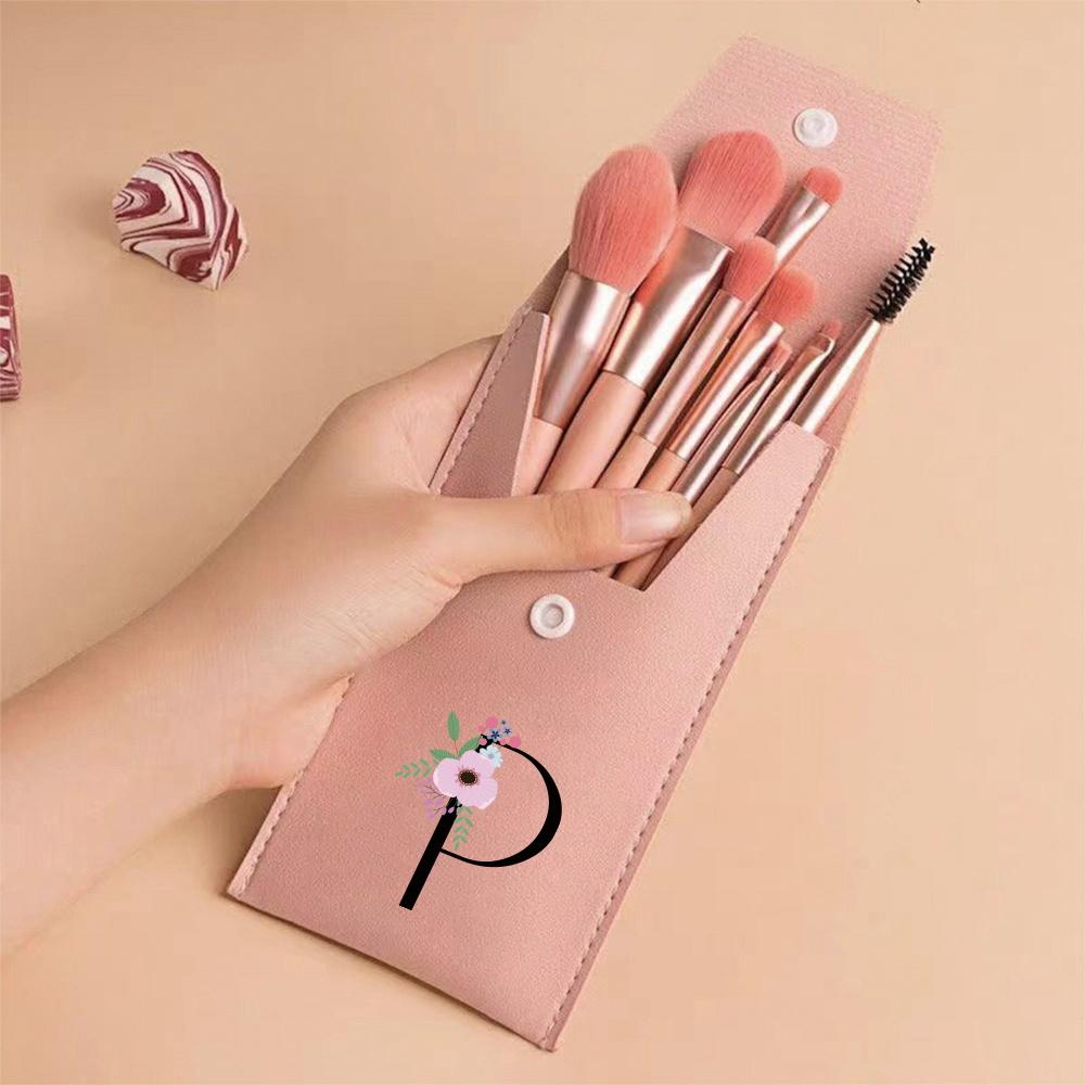 Pink Makeup Brushes Set Soft Synthetic Hair Portable Powder Eyeshadow Brushes For Daily Use Flower And Black Pattern