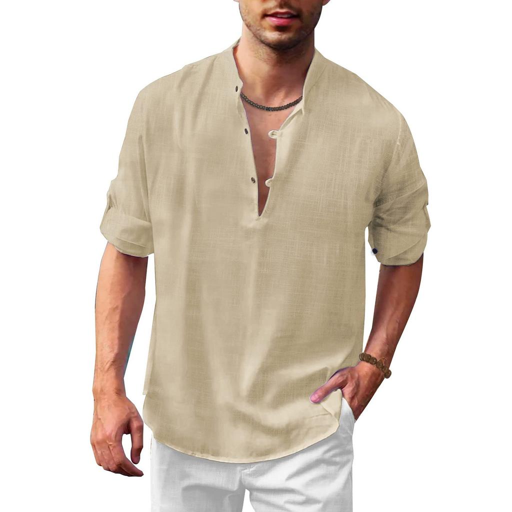 Designer Spring Summer Men's Casual Cotton Linen Solid Color Long Sleeve Shirts Loose Stand Collar Shirts