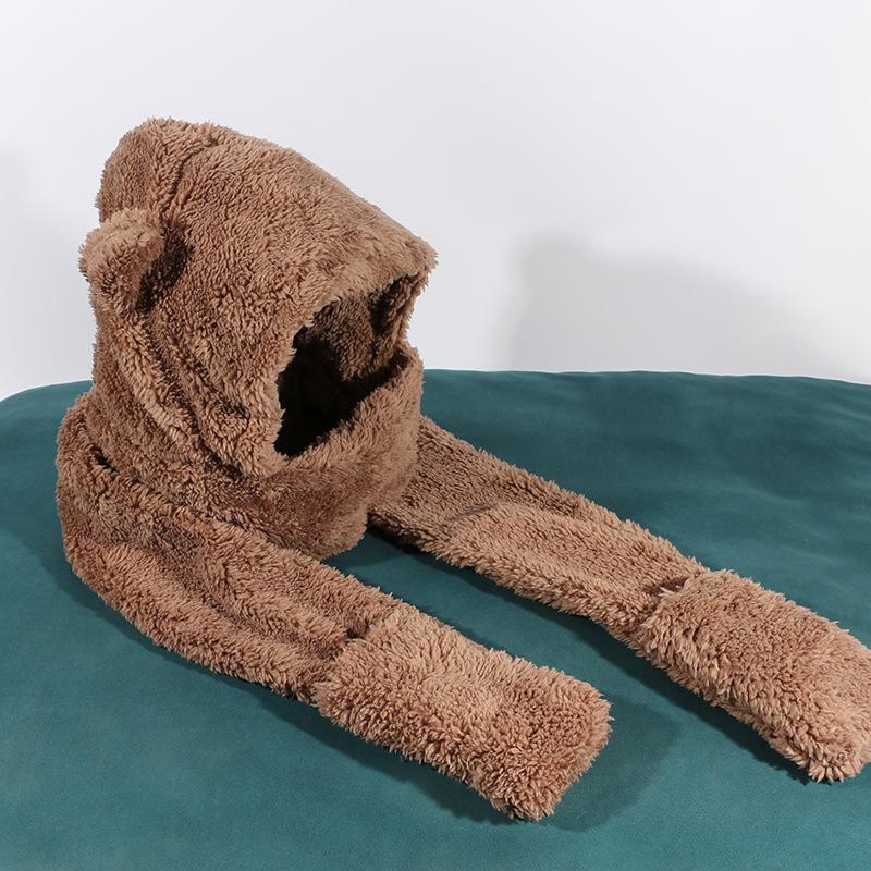 Hat Women's Bear Hat Scarf Gloves One Piece Winter Warmth Korean Style Versatile One Piece Pullover Hat
