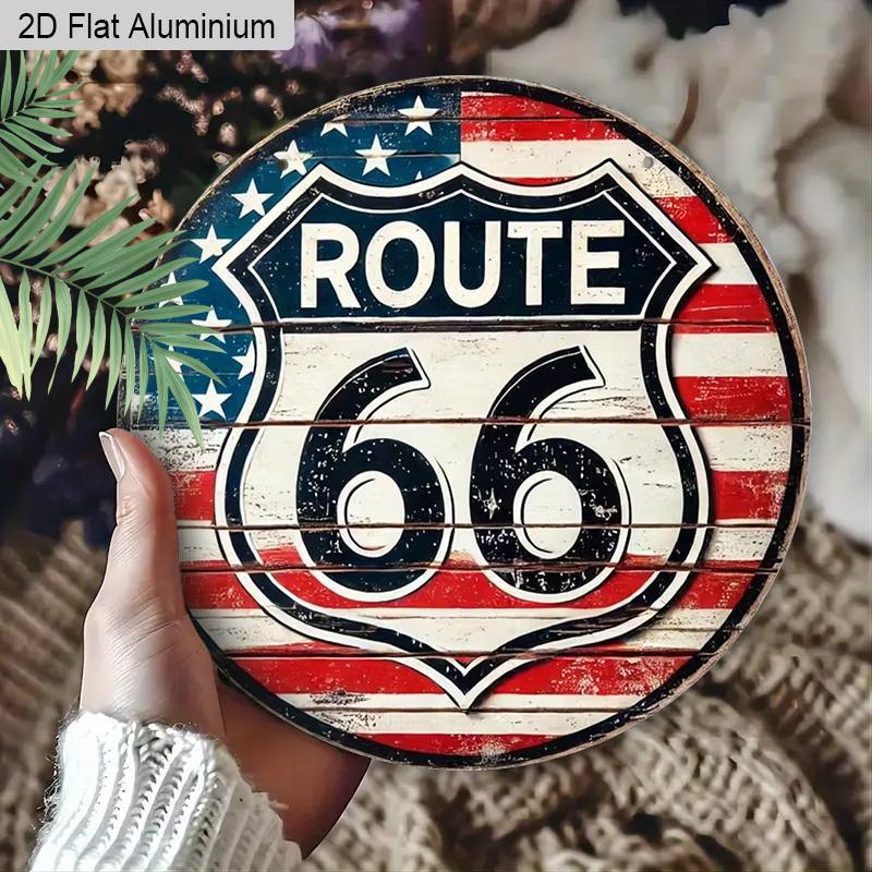 2D Flat 1pc Vintage Road Trip Decoration Plaque, Route 66 American Flag Pattern Signs, Garage Decor, Bar Decor, Home Wall Hanging Decor, Wonderful
