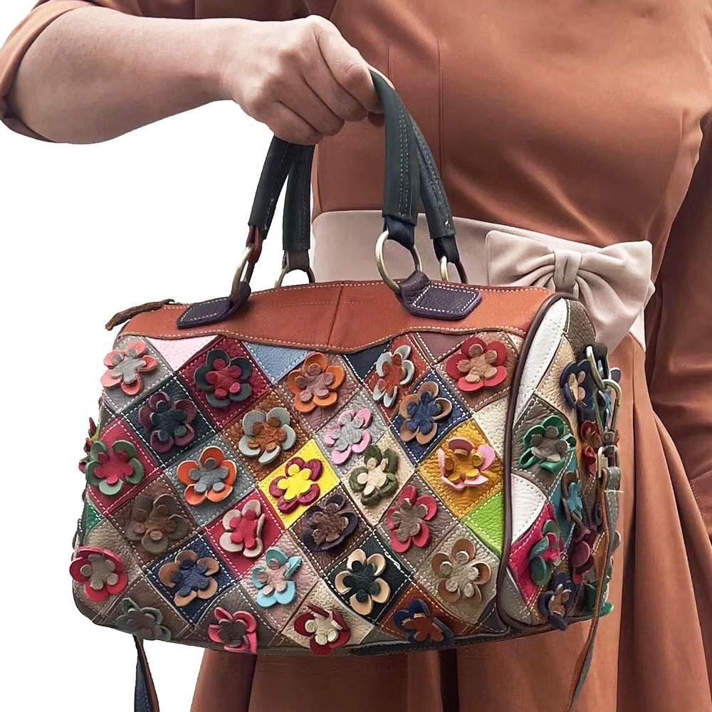 Women'S Bag Leather Rhombus Splicing Flower Hand Bag Handbag Crossbody Shoulder Bag Elegant Plum Blossom Bag