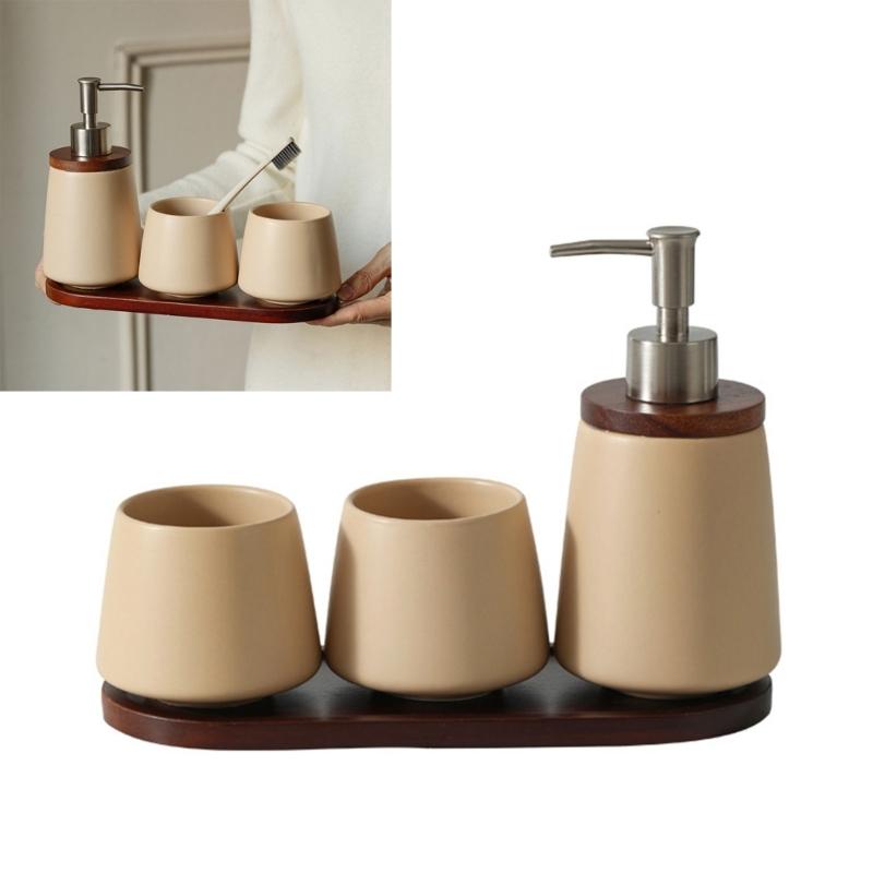 Nordic Design Ceramic Mouthwash Mugs Soap Dispenser Set with Wooden Tray Perfect For Coffee Room Home Toothbrush Storage