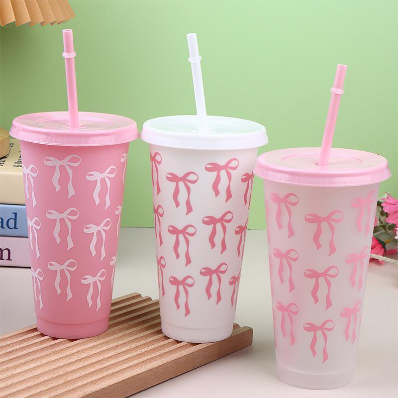 Large Capacity 710ml Bow Reusable Party Cups With Straw Lid Coffee Juice Tea Cute Tumbler With Straw Plastic Cups Gifts 24oz