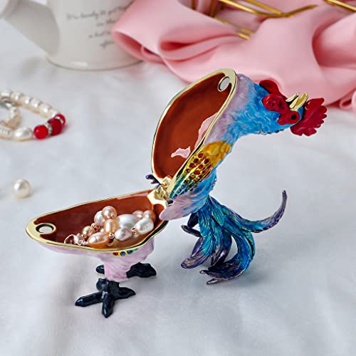 FJ FENGZHIJIE Hinged Blue Rooster Trinket Box | Golden Jewel Enamel Chicken Figurine | Home Decor & Gifts