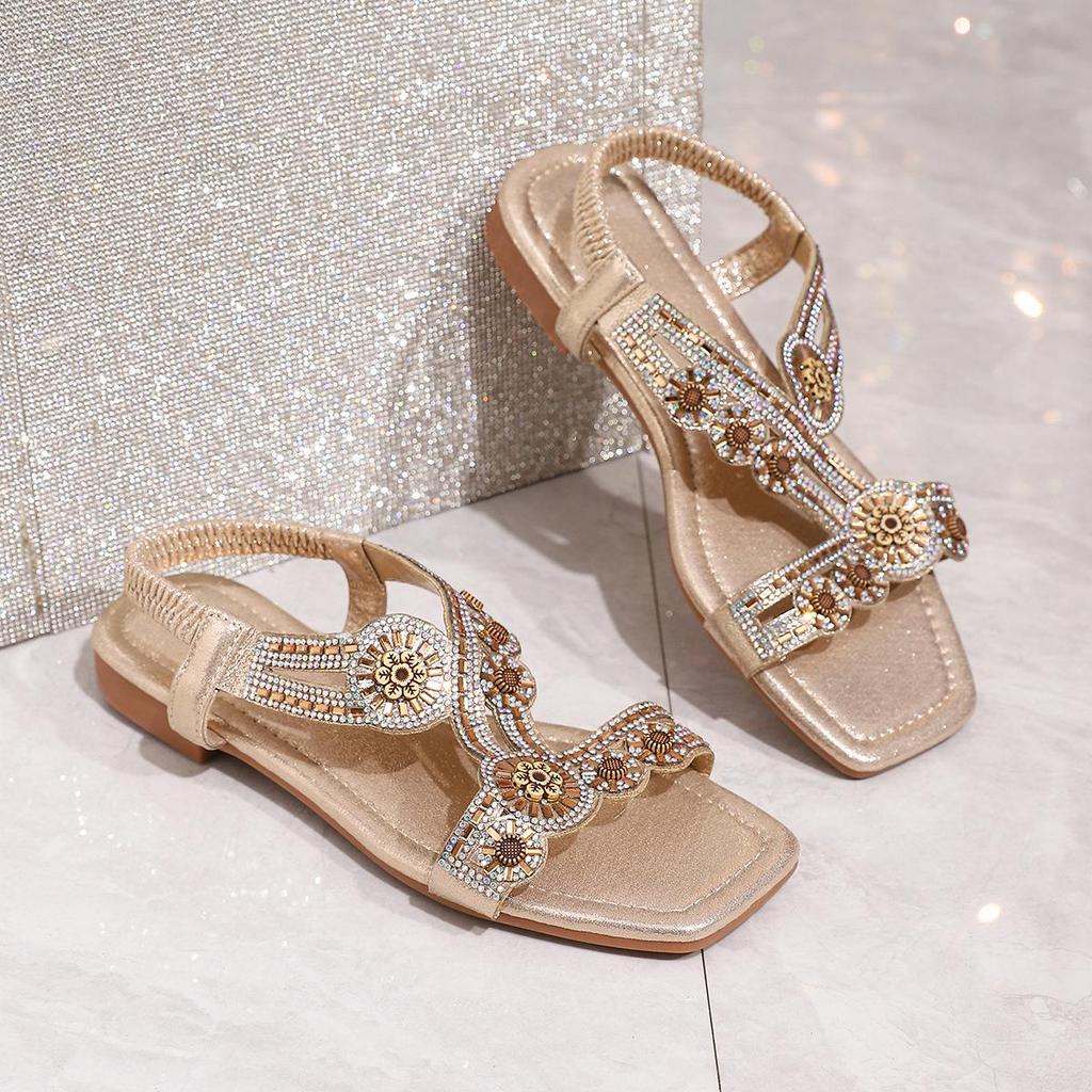 2026 Summer Chic Rhinestone Square Toe Sandals with Elastic Strap and Chunky Heel - Plus Size Women's Footwear