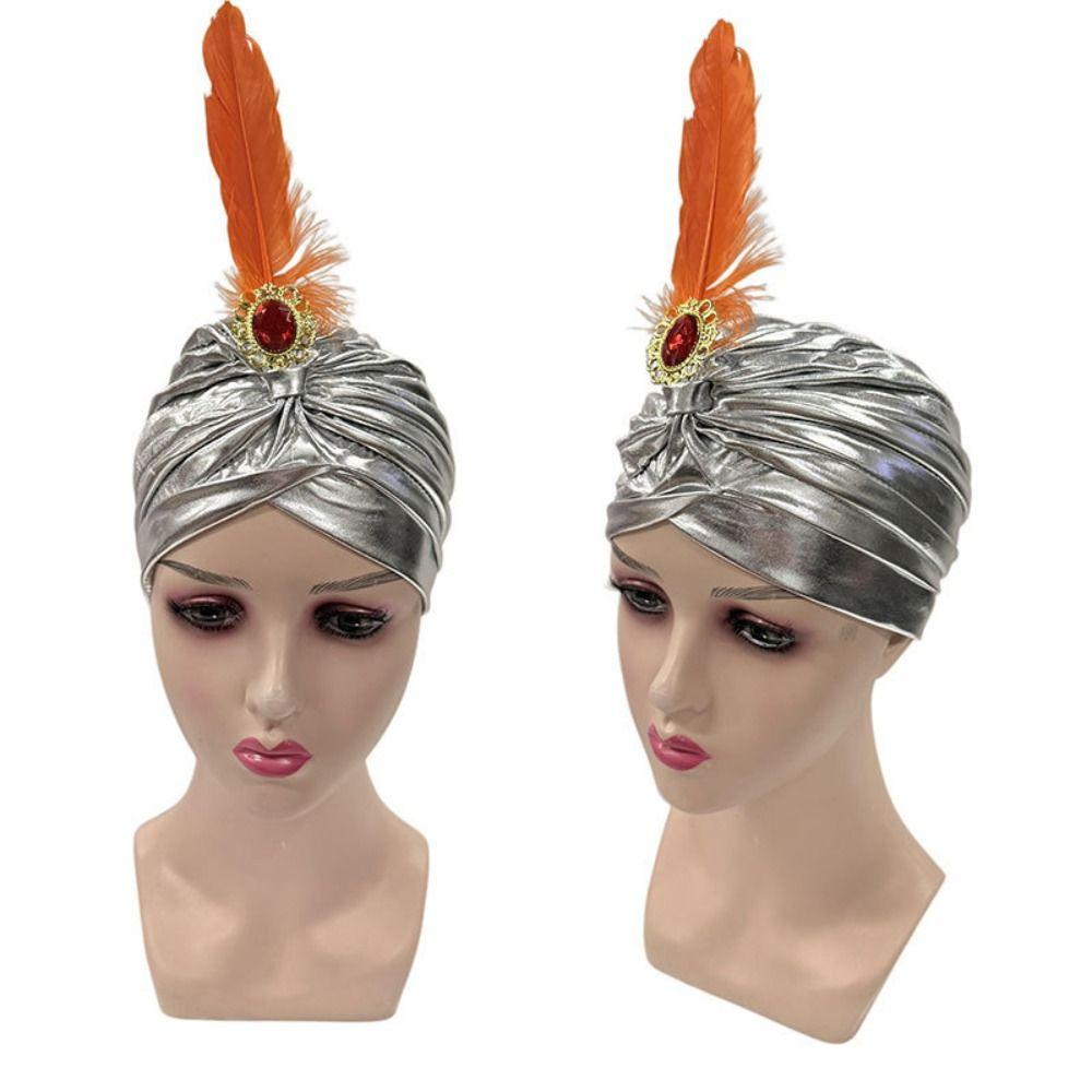 Rhinestones Feather Turban Hat Dress Up Indian Pleated Cap Arab Pleated Turban Costume Accessory