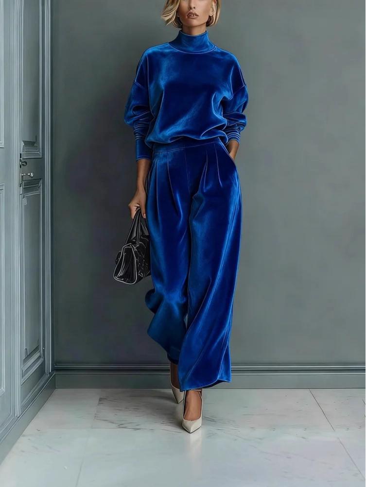 Women's 2025 Autumn/Winter Golden Velvet Two-Piece Set: Long Sleeve Top & Wide Leg Pants