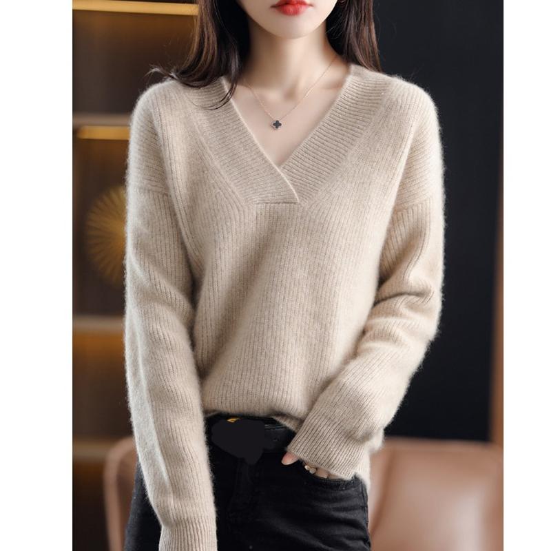 Autumn and Winter New V-neck Pullover Sweater Women's Fashion Loose Simple Knitted Thickened Tops Elegant Casual Solid Color Office Clothing