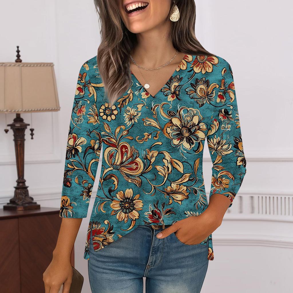 3/4 Sleeve Shirts For Women  Print Graphic Tees Blouses Casual Plus Size Basic Tops Pullover