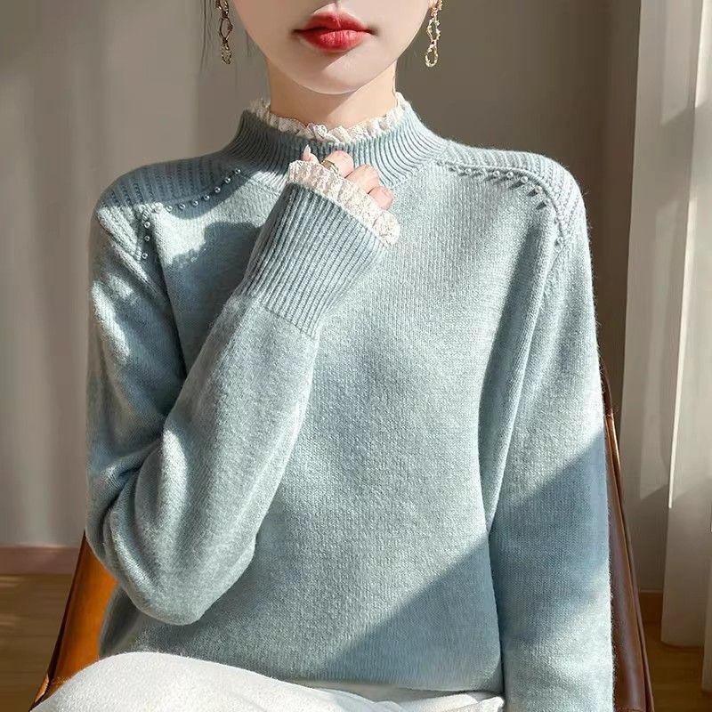 Women's Lace Collar Sweater Loose Soft Stand Collar Knit Top Beaded Knit Pullover Fall/Winter