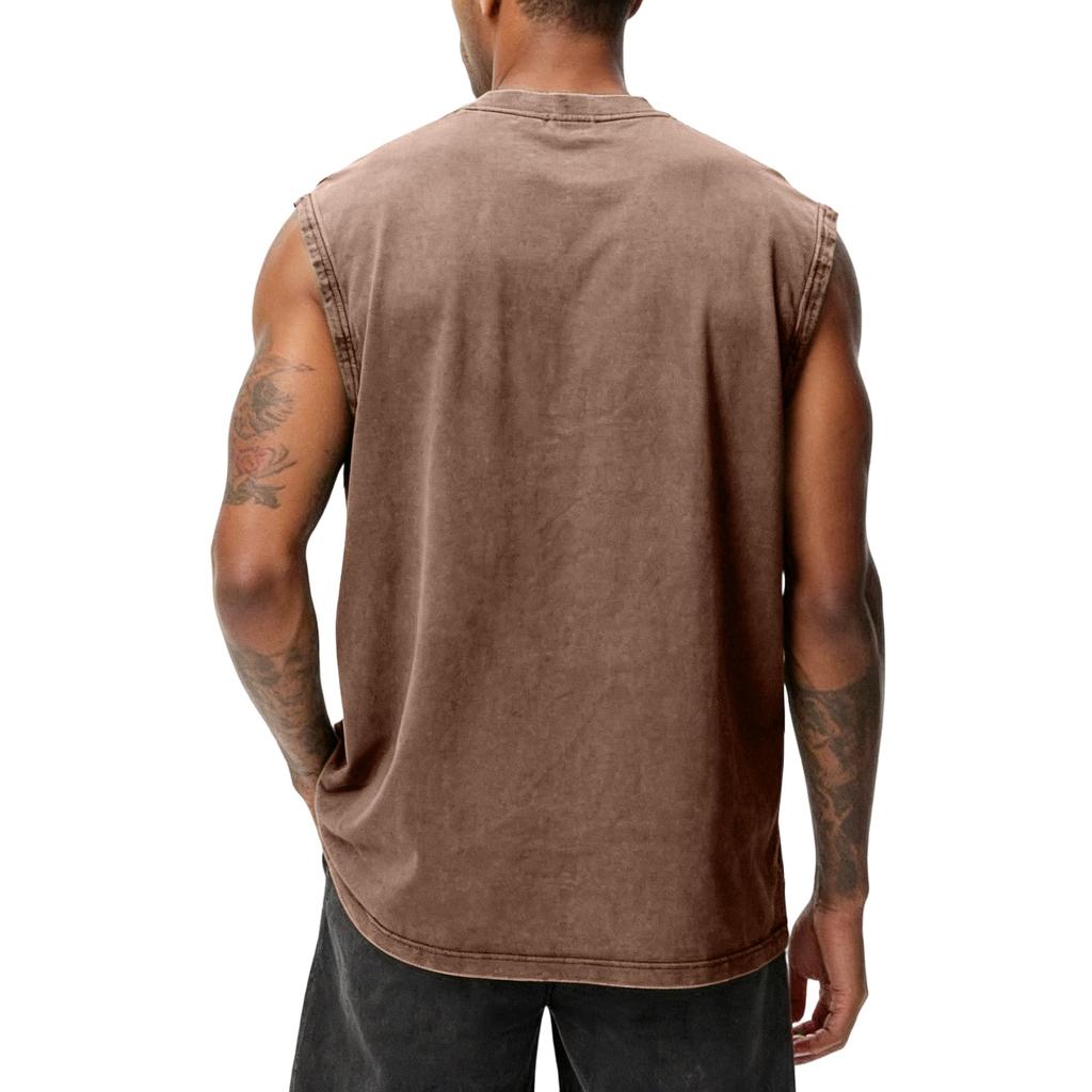 Gilet Casual da Uomo Lavato all'Americana Senza Maniche, Top T-shirt da Uomo Retro in Cotone Girocollo