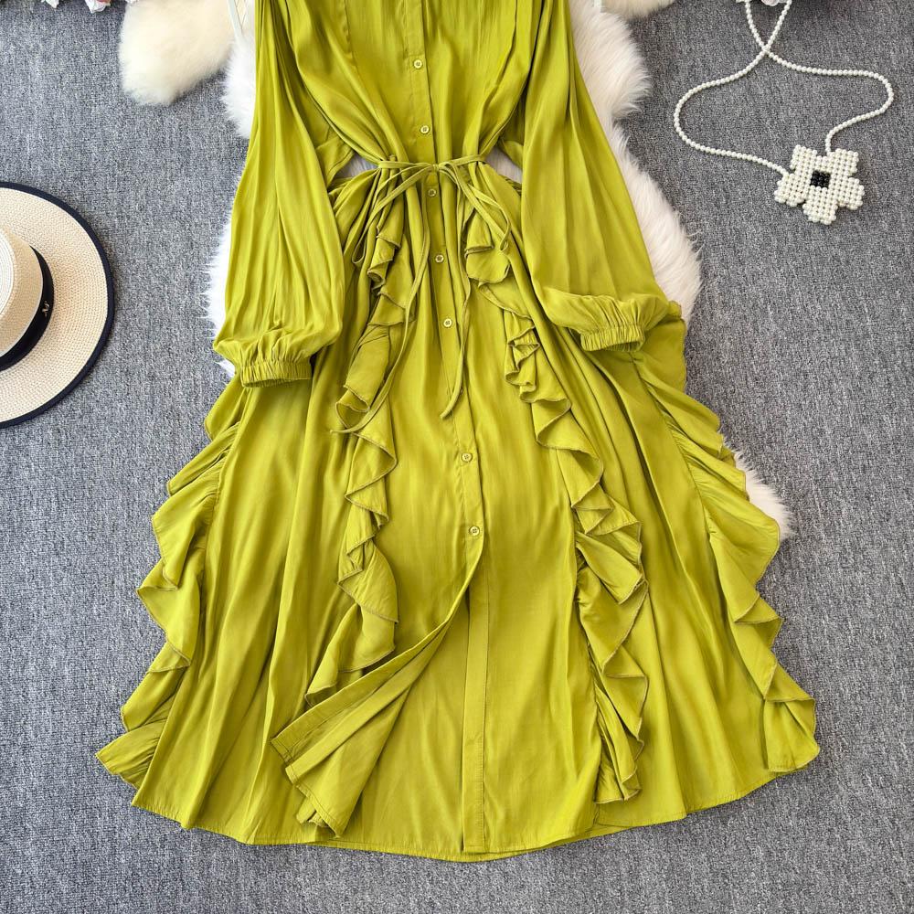 Jemný styl Temperament Bublinkové rukávy Stojáček Stahovaný pas Áčkový střih Volánový okraj Šifonové šaty Elegantní Velká kolová Dlouhé šaty