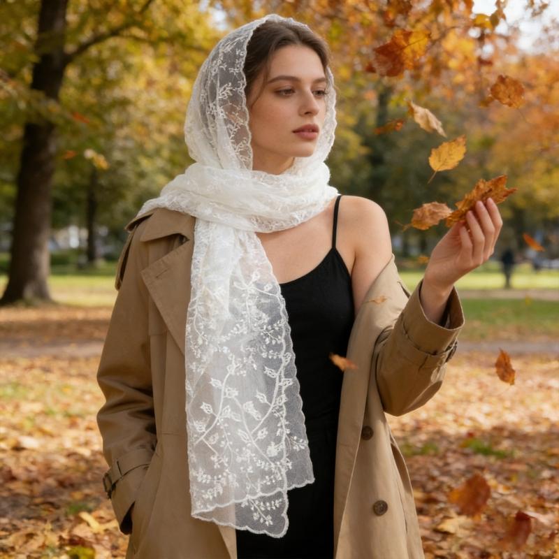 Elegant Lace Edge Scarf Comfortable Head Cover Strong Polyester For Spiritual Moment Or Travel