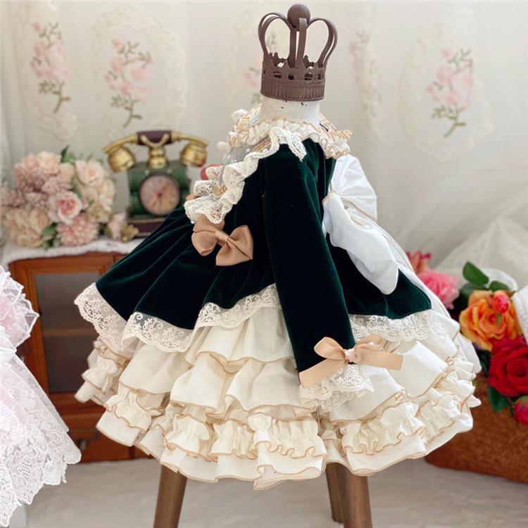 Vestido de Princesa Lolita de Renda de Veludo para Menina Bebê Criança Vintage Elegante Laço Tutu Vestido Natal Bebê