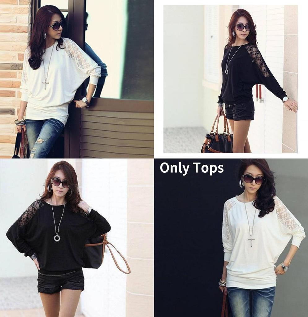 Stylish Black And White Lace Batwing Sleeve T-shirt For Plus Size Women In Trendy Commute Style