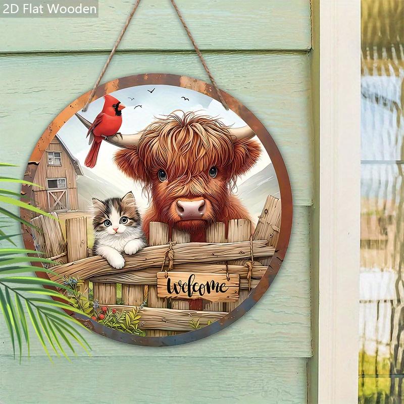 Welcome Wooden Sign with Highland Cattle Pattern - Rustic Decorative Plaque for Farmhouse, Herd Decorations - Ideal Housewarming Gifts