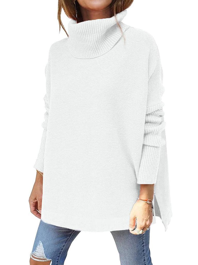 2024 Damen Hochhals Oversized Mittellanger Fledermausärmel Pullover mit Schlitzsaum und Taillengürtel