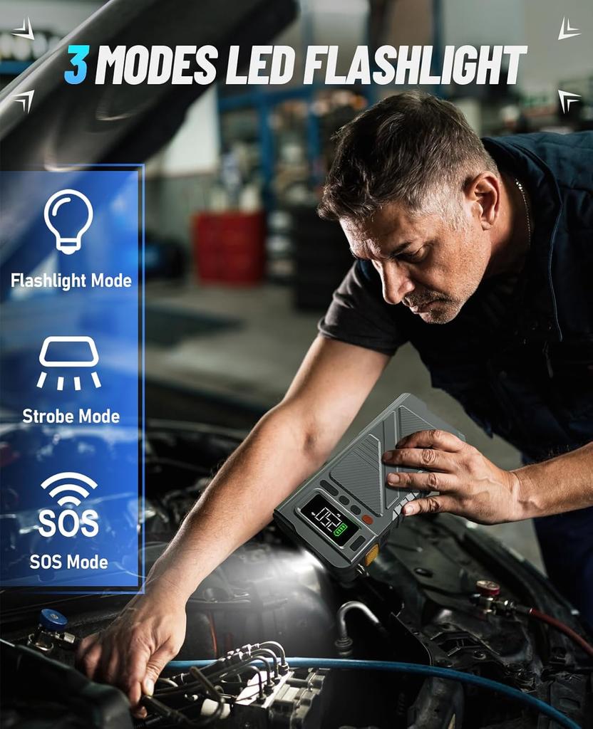 9000A Portable Jump Starter with Air Compressor, 150PSI Tire Inflator, 12V Car Jump Box with Extended Cables