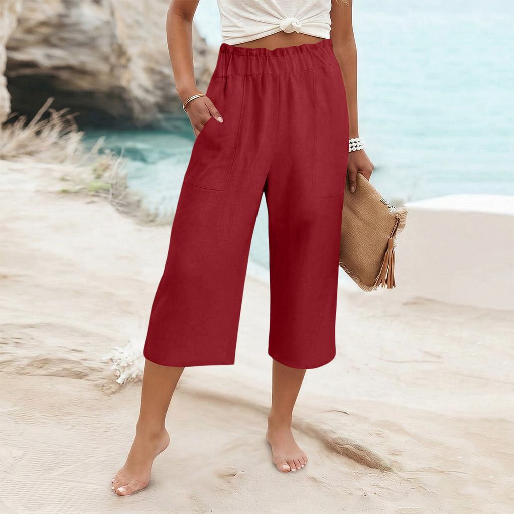 Womens Baggy Cotton Linen Pants Elastic Waist Casual Loose  Summer Beach Vacation  Pants