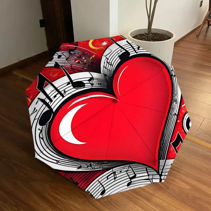 

Music Notes Heart Shaped Automatic Opening Folding Umbrella - Portable 3-Fold Design with 8-Bone Iron Frame, Perfect for Outdoor, Festive Gi