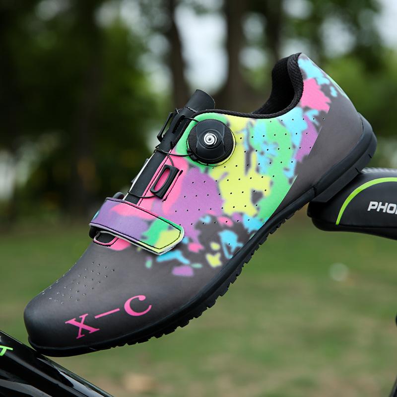 200618 Men's Women's Cycling Shoes Bicycle Lockless Rubber Bottom Road Mountain Lock Leather Surface Rotating Button