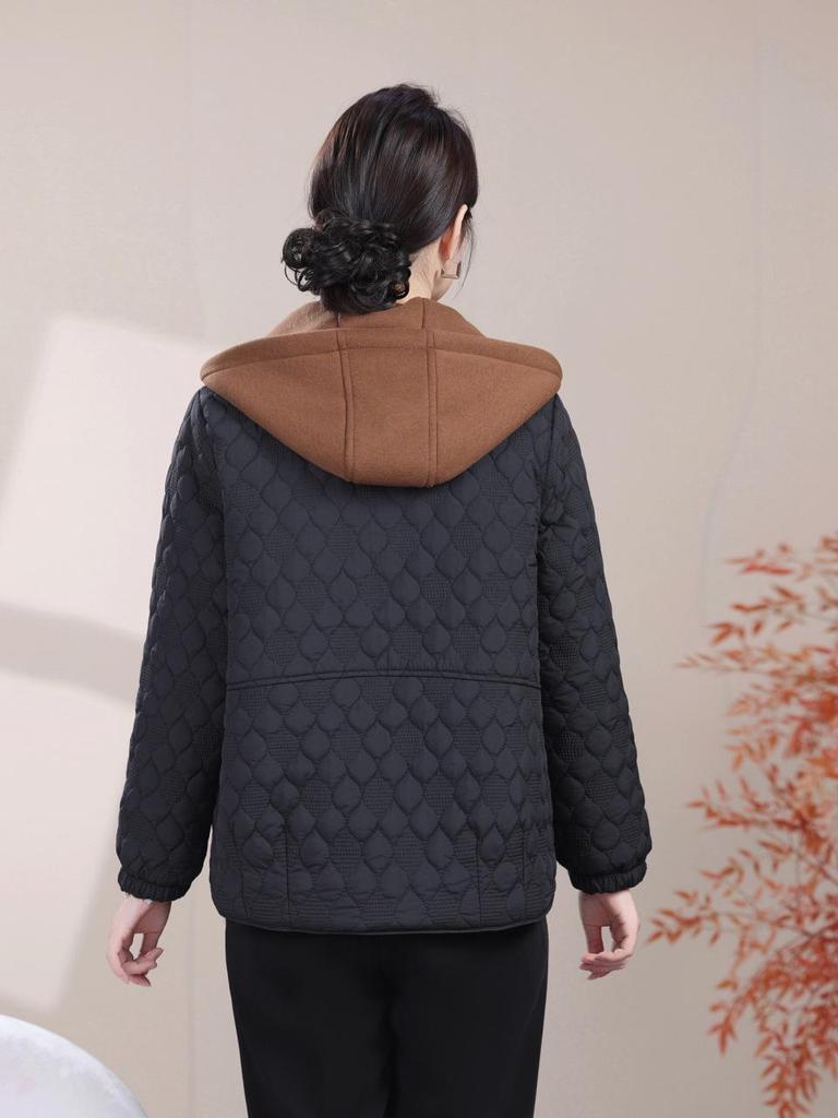 2025 Autumn/Winter Women's Diamond Pattern Hooded Cotton Coat - Warm Color Block Jacket for Middle-aged and Elderly Mothers