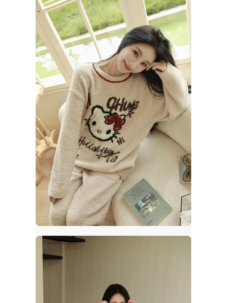 2025 Autumn/Winter Women's KT Cat Thickened Velvet Pajamas Set - Warm Long-Pile Fleece Homewear