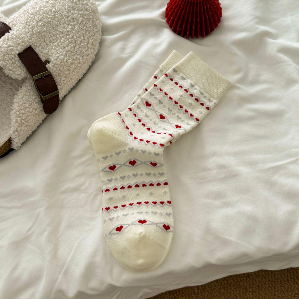 

Женские носки до середины икры с узором Fair Isle «Снежинка» - Ретро этнический стиль, осенне-зимние хлопковые носки с присборенным верхом One Size белый