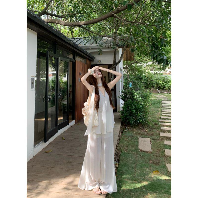 

Kumikumi French style Gentle Set Sleeveless V-neck Loose Vest Women clothes Summer High Waist Mopping Pants Two-piece Set Pants L