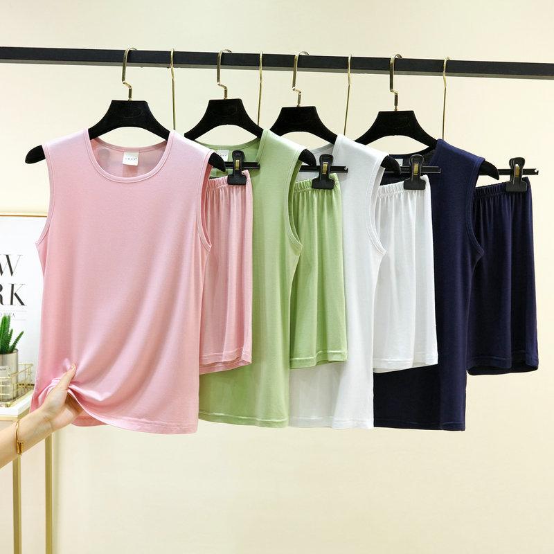 Summer Loose Pajama Set Sleeveless Tank Top & Shorts 2 Piece Set For Women Solid Color Basic Layering Loungewear Homewear Suits