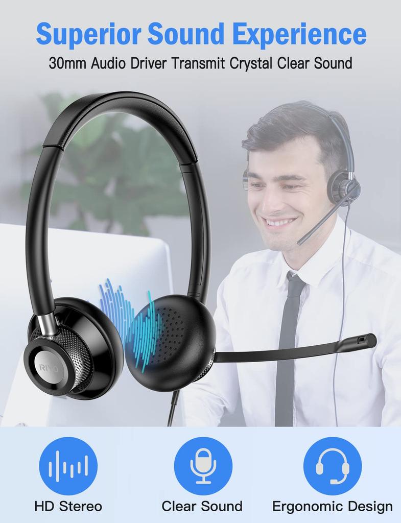 RIYO H361 Stereo Headset with Microphone, 3.5mm Type-C USB Connection, Noise Cancelling, Ambidextrous, Mute Function, Handheld Controller, Binaural