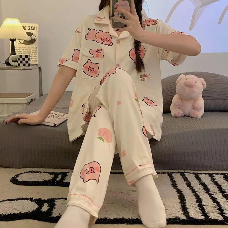 Pajamas Female Cute Sweet Piggy Cotton Short-Sleeved Trousers Casual And Comfortable Loungewear Two-Piece Set