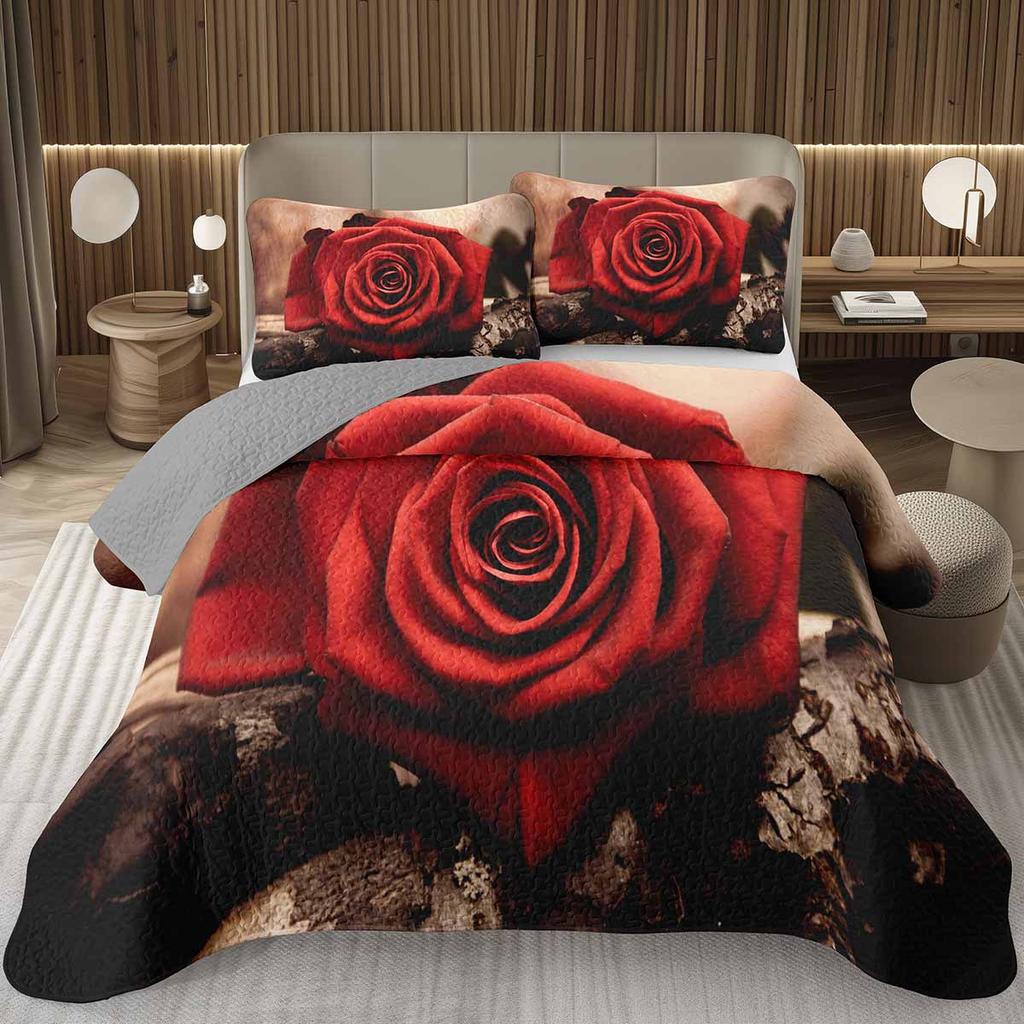 Romantic Rose Bedspread Queen/King/Twin Botanical Floral Coverlet Valentine's Day Quilted Bedding Set for Girls Women Room Decor