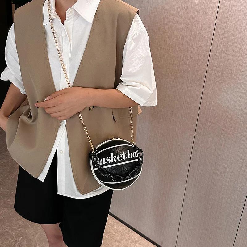 Personality Graffiti Round Ball Bag For Women PU Leather Crossbody Acrylic Chain Handbags and Purses Female Basketball Bag
